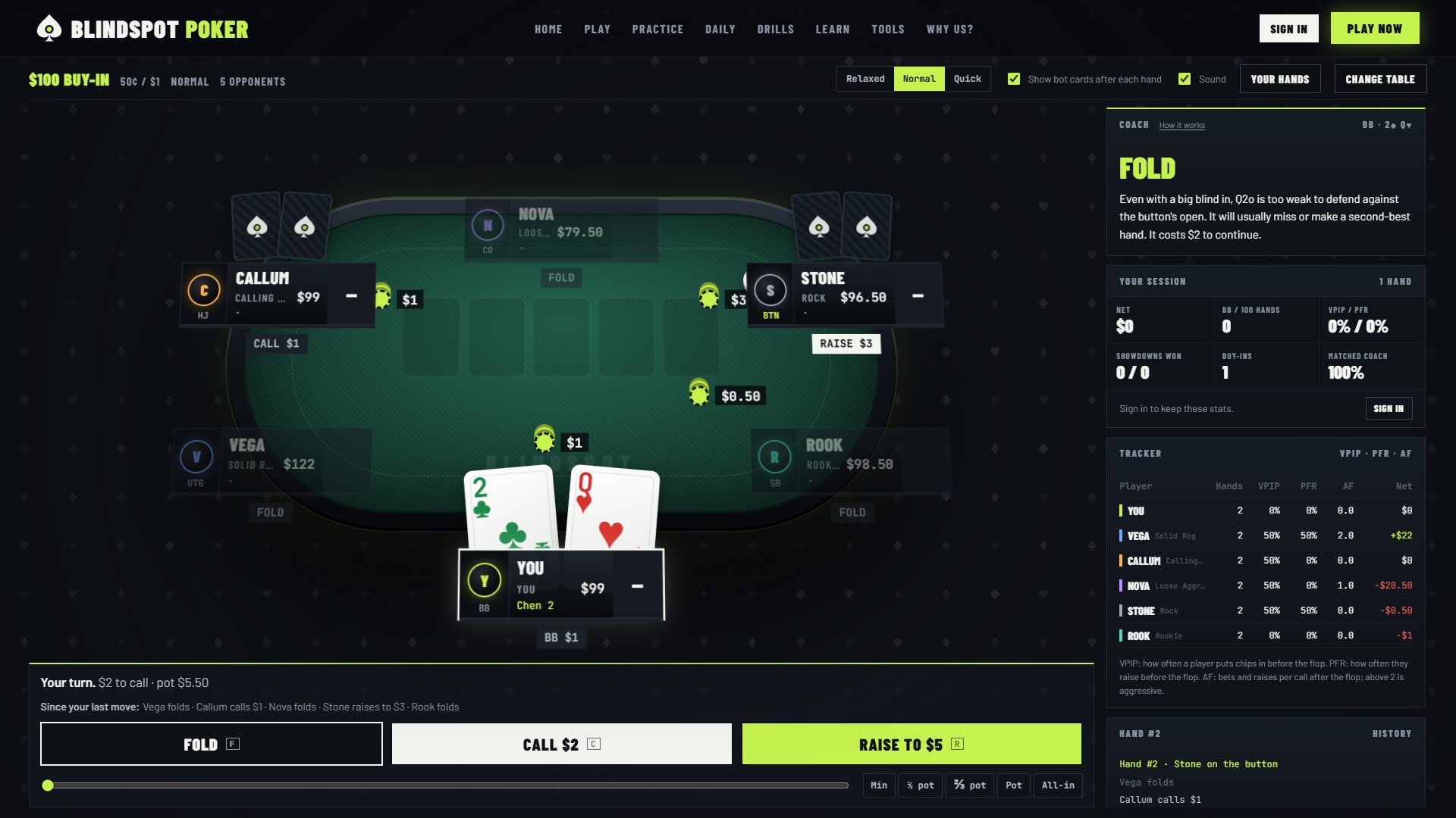 Practice table with the coach advising FOLD: Q2 offsuit is too weak to defend the big blind against the button's open
