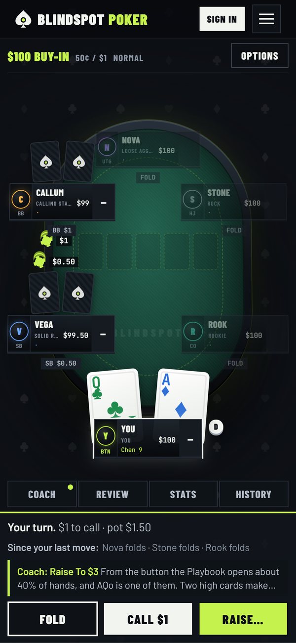 The practice table on a phone with the coach's advice above the buttons